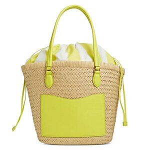 On 34th Isabellaa Women's Straw Medium Drawstring Tote Lime Stripe (MSRP $130)